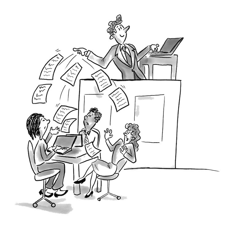 Illustration of the Delegator: a manager tossing a stack of assignments over a cubicle wall onto his team